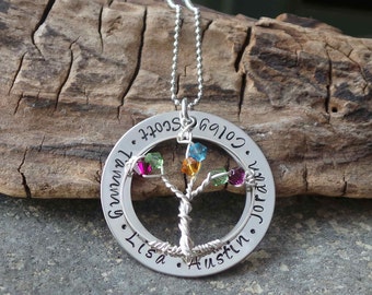 Family Tree Of Life Hand Stamped Family Necklace with Swarovski Crystals, Mommy Jewelry