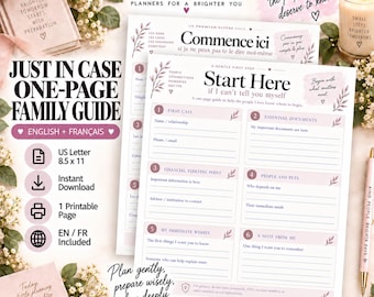 May include: A one-page family guide template titled Start Here if I can't tell you myself, featuring six numbered sections for personal information, financial details, and wishes. The document is 8.5 by 11 inches, printed on white paper with soft pink accents and floral illustrations.
