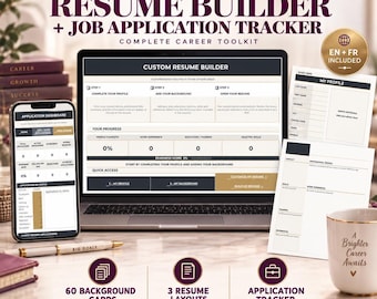 May include: A Google Sheets resume builder and job application tracker toolkit displayed on a laptop screen, a smartphone, and printed documents. The interface features sections for profile, background, and resume building with dark and light color schemes.