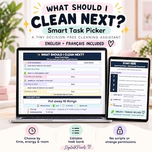 May include: A digital cleaning task planner displayed on a laptop and tablet screen. The interface features dropdown menus for time, energy, and room selection, with a task display showing 'Put away 10 things' and '5-10 min' estimated time.