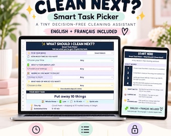 May include: A digital cleaning task picker displayed on a laptop and tablet screen. The interface features dropdown menus for time, energy, and room selection, with a task suggestion to put away 10 things. Text includes What Should I Clean Next.