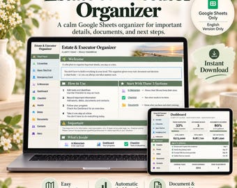 May include: A laptop and tablet displaying the Estate & Executor Organizer Google Sheets template. The screen shows a dashboard with sections for tasks, assets, debts, and contacts, featuring a green and white color scheme with text.