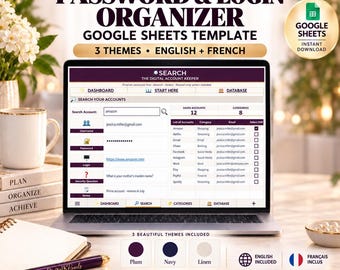 May include: A digital password and login organizer Google Sheets template displayed on a laptop screen. The interface features a search function, account categories, and a dashboard. Text includes The Digital Account Keeper and Google Sheets.