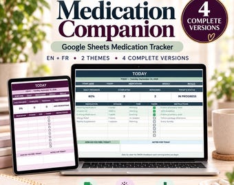 May include: A digital medication tracker displayed on a laptop and tablet screen. The interface features tables for daily progress, medication names, dosages, times, and instructions. Text includes DigitalK Pearls Medication Companion.