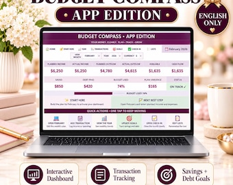 May include: A laptop screen displaying the Budget Compass App Edition dashboard for February 2026, featuring financial tracking columns for income, outflow, savings, and debt, with quick action buttons and a summary of monthly budget progress.