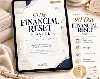 May include: A digital tablet displaying the 90-Day Financial Reset Planner with dark blue text on a cream background. The cover features the title, the subtitle A guided 90-day money reset for a calmer financial life, and the DigitalKPearls logo.