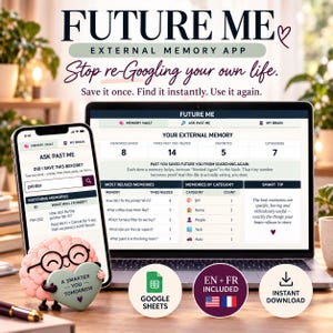 Puede incluir: Una interfaz digital para la aplicación de memoria externa Future Me mostrada en un portátil y un teléfono inteligente. La pantalla muestra un panel con estadísticas de memoria, categorías y una función de búsqueda con un cerebro.