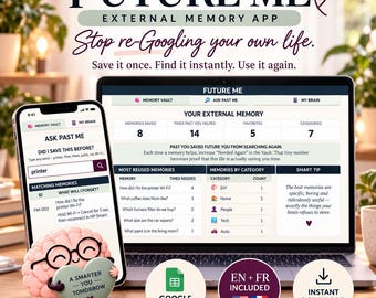 May include: A digital interface for the Future Me External Memory App displayed on a laptop and smartphone. The screen shows a dashboard with memory categories, search functions, and a cartoon brain character holding a heart-shaped sign.