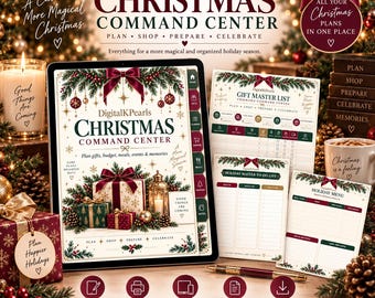 May include: A digital Christmas Command Center planner displayed on a tablet and printed sheets, featuring festive graphics of pine branches, red bows, and gifts. The text includes DigitalKPearls, Christmas Command Center, and various planning categories.