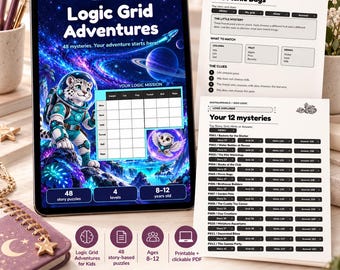 May include: A digital tablet displays the Logic Grid Adventures game cover featuring a space-themed snow leopard, alongside two printed pages showing The Picnic Bags puzzle and a list of 12 mysteries with clickable PDF navigation buttons.