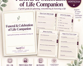 May include: A digital funeral and celebration of life planner with a white cover featuring the text Funeral & Celebration of Life Companion. Includes internal pages for service flow, writing tributes, and memory tracking in a printable PDF format.