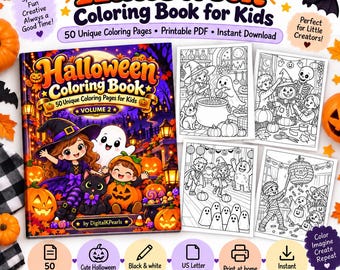 May include: A Halloween coloring book for kids featuring 50 unique pages. The cover shows a girl in a witch costume, a ghost, and a child in a pumpkin suit. Includes four black and white sample pages with scenes of ghosts, skeletons, and pumpkins. Text includes "Halloween Coloring Book for Kids", "50 Unique Coloring Pages", "Printable PDF", and "Instant Download".