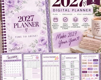 May include: A 2027 digital planner with a purple floral cover, spiral binding, and monthly tabs. The display includes text reading 2027 PLANNER, TIME TO SHINE, and DigitalKPearls. It features sample pages for December, weekly goals, a savings tracker, a contact list, and a digital sticker book.