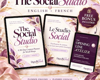 May include: Three digital tablets display content planners titled The Social Studio and Le Studio Social, plus a bonus guide, The Opening Line Atelier. The covers feature purple and gold leaf accents, floral illustrations, and the DigitalKPearls logo.