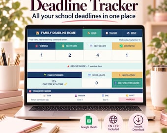 May include: A laptop screen displays a School Forms & Deadline Tracker interface with sections for overdue, upcoming, and completed tasks. The dashboard includes a family progress bar, a list of next moves, and icons for Google Sheets, language options, and instant download.