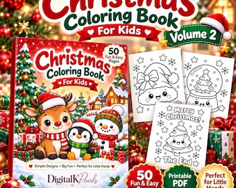 May include: A Christmas Coloring Book for Kids Volume 2 featuring 50 fun and easy pages. The cover displays a reindeer, penguin, and snowman in a snowy landscape. Three black and white coloring pages show a hat, snow globe, and tree.