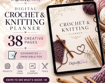 May include: A digital tablet displaying a crochet and knitting planner with 38 creative pages. The screen shows a wooden crochet hook, yarn, and the text Crochet & Knitting Planner. Includes Goodnotes and printable PDF options.