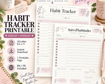May include: A printable habit tracker set in English and French, featuring two white sheets with pink accents, numbered rows for habits, and monthly goal sections. The text includes 'Habit Tracker', 'Suivi d’habitudes', and 'US Letter 8.5 x 11'.