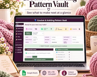 May include: A laptop screen displays the Crochet & Knitting Pattern Vault dashboard, featuring project statistics, a pattern selection menu, and stash inventory. The interface includes sections for patterns, ready-to-make items, and progress tracking.