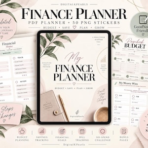 Planificador financiero en PDF, planificador de presupuesto en GoodNotes, presupuesto de nómina, seguimiento de ahorros y deudas, 50 pegatinas PNG, planificador digital