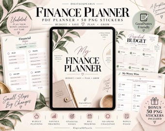 May include: A digital finance planner displayed on a tablet screen, featuring pages for budget, savings, and bill tracking. The interface includes text such as My Finance Planner, Paycheck Budget, and My Money Wins, accompanied by icons for budget planning, savings tracking, and financial goals.