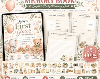 May include: A digital baby memory book featuring a tablet display with an elephant and teddy bear illustration, alongside internal page templates for baby details and letters, plus a collection of 40 decorative digital stickers.