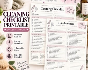 May include: A printable cleaning checklist in English and French, featuring sections for daily, weekly, and monthly tasks, plus a supplies list. The document is formatted for 8.5 x 11 inch US Letter paper and includes checkboxes for tracking chores.