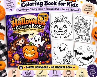 May include: A digital Halloween coloring book for kids featuring 50 unique pages. The cover displays a witch, a ghost, a black cat, and a pumpkin. Includes four sample black and white line art pages showing a pumpkin, a witch, a ghost, and bats.
