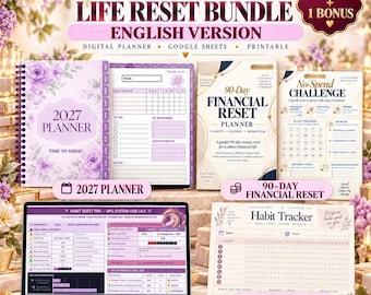 May include: A 2027 Life Reset Bundle digital planner set featuring a spiral-bound planner, a 90-day financial reset planner, a no-spend challenge sheet, a Habit Quest Pro RPG system on a laptop screen, and a bonus habit tracker sheet.