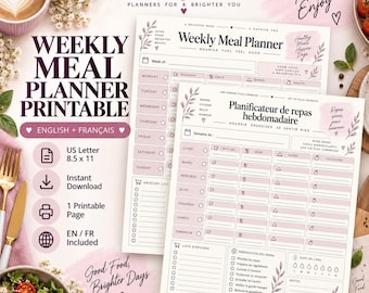 May include: A digital weekly meal planner printable in English and French, featuring a 8.5 x 11 inch layout. The document includes sections for daily meals, a grocery list, and water tracking, decorated with botanical illustrations and pink accents.