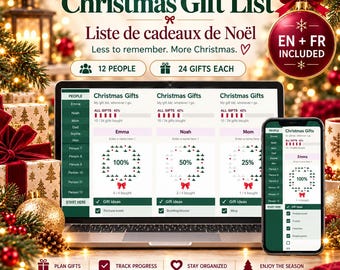 Christmas Gift Tracker Google Sheets, Holiday Shopping List with Wreath Progress, 12-Person Gift Planner, English & French