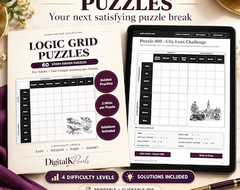 May include: A digital logic grid puzzle collection featuring 60 story-driven puzzles for adults. The set includes a printable and clickable PDF with four difficulty levels, guided practice, two hints per puzzle, and solutions included.