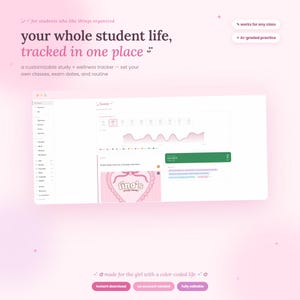 Può includere: Un'interfaccia digitale per il monitoraggio dello studio e del benessere visualizzata su uno schermo. Il layout presenta il testo your whole student life, tracked in one place, con sezioni per lezioni, date degli esami e routine. Il design include una tavolozza di colori rosa, una dashboard con un grafico a onde e una sezione intitolata tina's study haven.