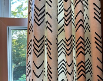 Mud Cloth Ink Charcoal Black on Linen-color Curtain Panel, Cafe Kitchen Cotton Curtain, Valance, 1 Panel - USA Made to Order