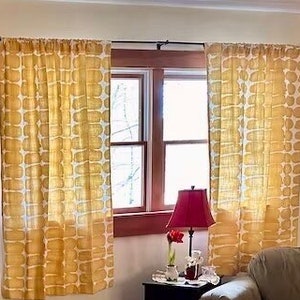 Made USA Curtains, Shibori Dot Cotton Curtains in Brazilian Yellow, Cafe Kitchen Curtains, Living Room Drapes - Made to Order