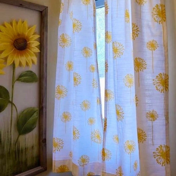 USA Curtains, Dandelion Cotton Curtains in White/Corn Yellow, Cafe Curtains, Dining Room Curtains, Living Room Curtains - Made to Order