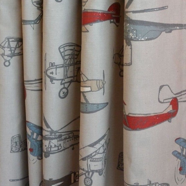 Made USA Curtains, Vintage Airplane Pewter Cotton Curtains, Nursery Baby Boy Room Pilot Curtains - Made to Order