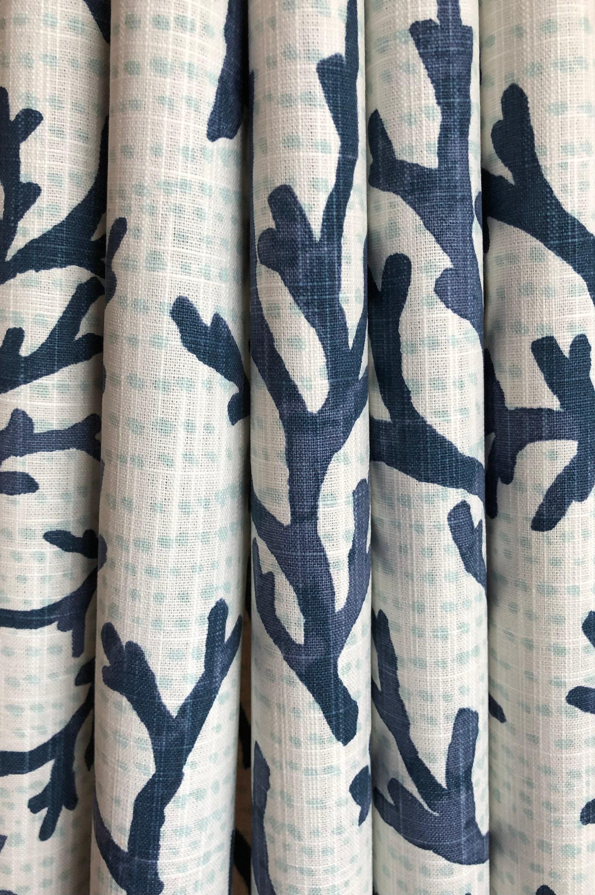 Pair of Curtains, Naples Coral Reef Italian Blue, Medium Weight Cotton Slub Linen Look, Blackout or Cotton Lining Options