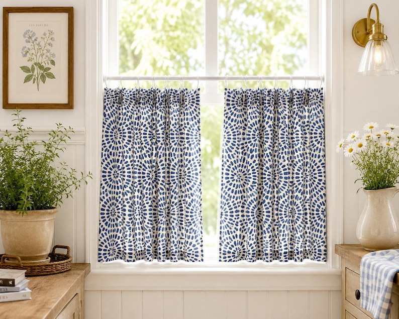 Curtain Panel, Cecil Commodore Blue White Drapery, Cotton Slub | Rod Pocket Or Pinch Pleat, 24–50W, Made To Order USA Bild 3