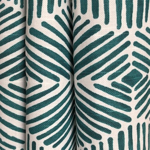 Curtain Panel, Heni Teal Blue Green White, Medium Weight Cotton Slub Linen Look, Lining Options Blackout or Cotton
