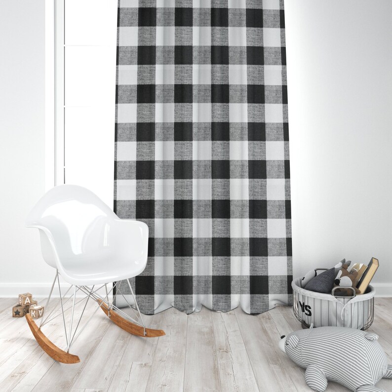 Pair Black White Buffalo Check Plaid Curtains Modern Etsy
