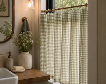 Sage White Gingham Cafe Curtain, Rod Pocket or Pinch Pleat, 1 Panel