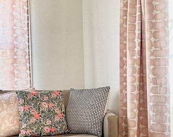 Boho Shibori Dot Blush Pink White Curtains, Cafe Kitchen Panels, Window Treatments