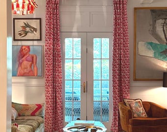 Custom Curtains, Chloe Pink Orange Drapery, Cafe Kitchen Panels, Window Treatments, Rod Pocket or Pinch Pleat, 1 Panel