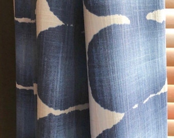 Pair of Curtains, Shibori Dot Blue, Medium Weight Cotton Slub Linen Look, Blackout or Cotton Lining Options