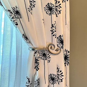 Dandelion White/Black Cotton Curtains, Cafe Kitchen Curtains, Dining Room Curtains, Living Room Curtains - Made to Order USA