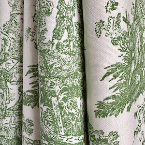 Curtain Panel, Colonial Toile Green White, Lighter Weight Cotton, Lining Options Blackout or Cotton