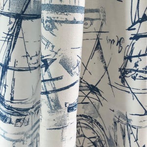Curtain Panel, Schooner Nautical Blue White, Lighter Weight Cotton, Lining Options Blackout or Cotton