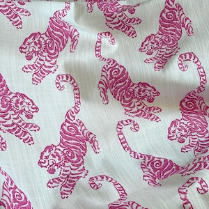 Curtain Panel, Kenway Tiger Pink White, Medium Weight Cotton Slub Linen Look, Lining Options Blackout or Cotton