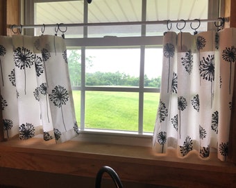 USA Cafe Curtains, Dandelion Cotton Curtains in White and Black, Cafe Kitchen Curtains, Living Room Drapery, Office Panels - Made to Order